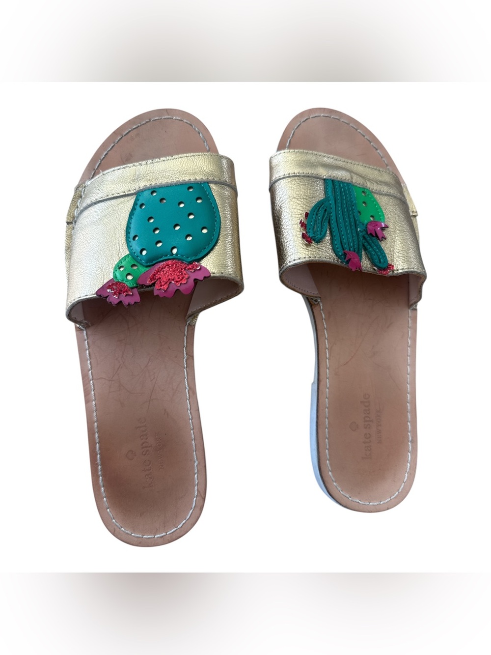 KATE SPADE NY Iguana Gold Cactus Slides Sandals Sz 7.5M